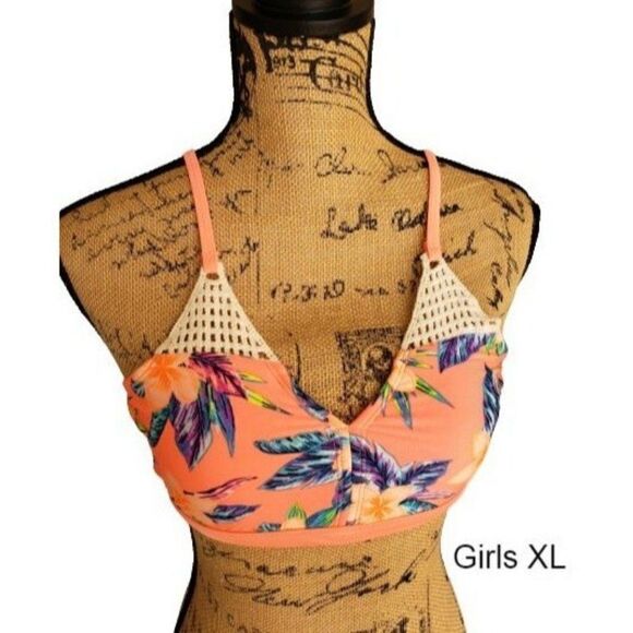 Girls Bikini Top Neon Floral Swimwear Bathing suit Top XL 14/16 NWT - Picture 1 of 9